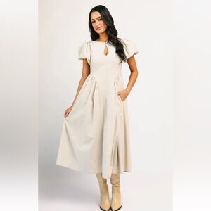 Zoco Puff Sleeve Scoop Neck Marloe Midi Dress Sz Medium Natural